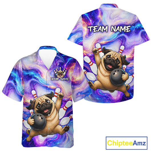 Colorful shirt with a pug holding a bowling ball and lane markers, featuring 'Team Name' and 'Your Name' text on a white background.