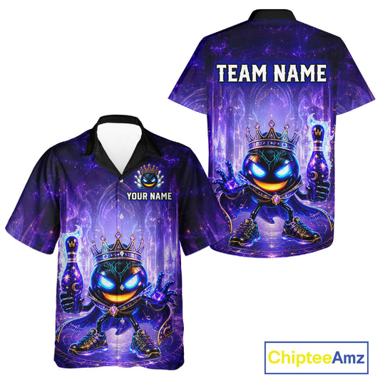 Colorful bowling shirt with a character design and customizable text on a white background