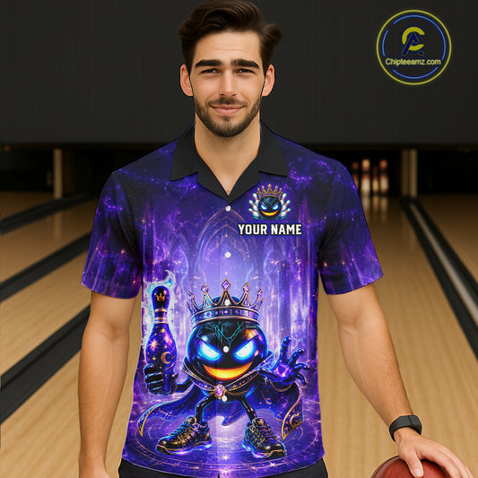 Man wearing a custom bowling shirt with a colorful design in a bowling alley.