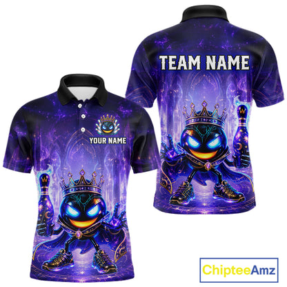 Purple and black polo shirt with a cartoon character and customizable text on a white background