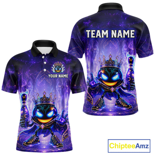 Purple and black polo shirt with a cartoon character and customizable text on a white background