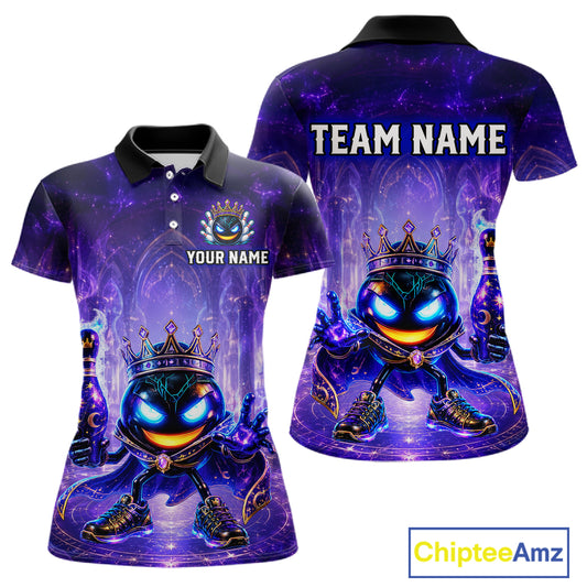 Purple polo shirt with a cartoon character and customizable text on a white background