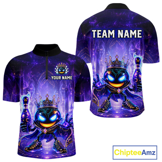 Purple gaming jersey with a character design and customizable text on a white background