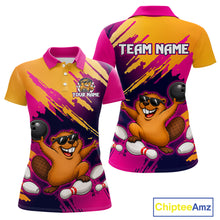 Load image into Gallery viewer, Colorful polo shirt with cartoon beaver design and customizable text on a white background
