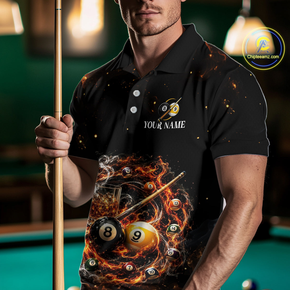 Man wearing a black polo shirt with pool ball design and 'Your Name' text, holding a pool cue.