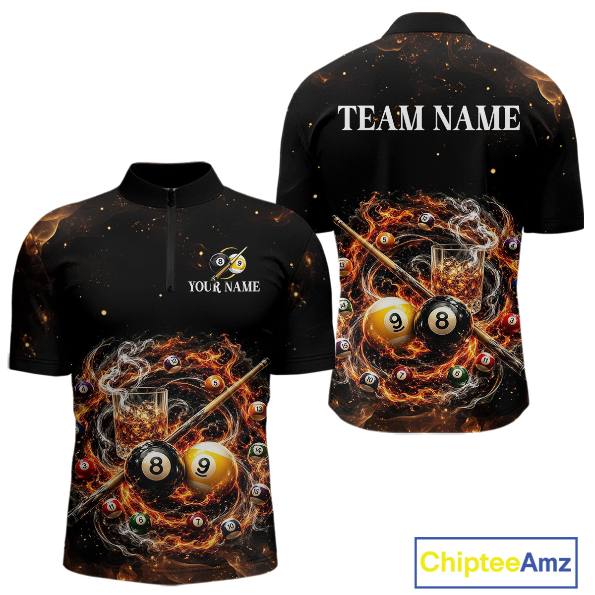 Black quarter-zip jersey with pool ball design on front and back, featuring 'TEAM NAME' and 'Your Name' text.