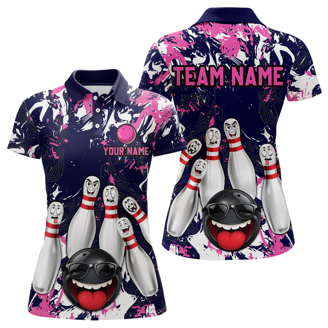 Navy Pink Funny Bowling Team Shirt for Women Bowling League Jersey Polo & 1/4 Zip Bowler Outfit QZT781