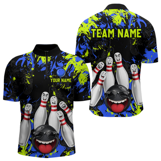 Green Blue Funny Bowling Team Shirt for Men Bowling League Jersey Polo & 1/4 Zip Bowler Outfit QZT781