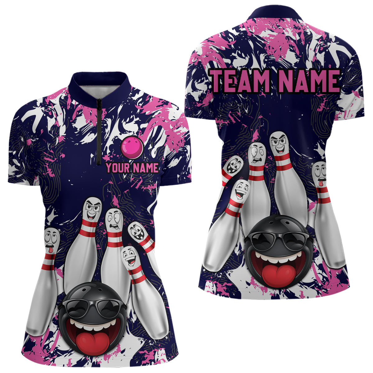 Navy Pink Funny Bowling Team Shirt for Women Bowling League Jersey Polo & 1/4 Zip Bowler Outfit QZT781