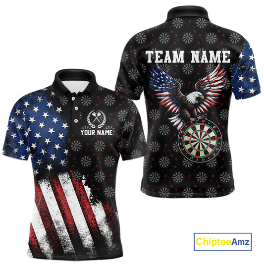 Front and back views of a custom black darts polo shirt, featuring a grunge American flag pattern, a majestic eagle over a dartboard, and personalized text.