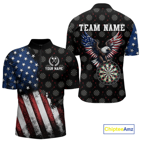 Front and back views of a custom quarter-zip darts shirt, highlighted by a distressed US flag, bald eagle dartboard graphic, and team name