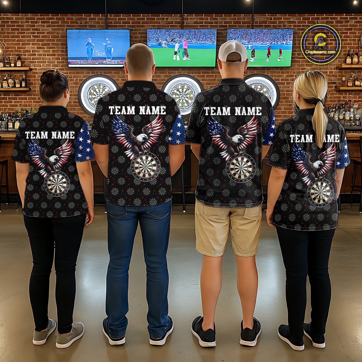 Darts team standing together in a pub, showing the back of their uniform shirts featuring an impressive eagle dartboard design and 'TEAM NAME' text