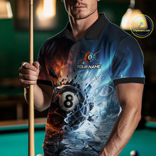 Load image into Gallery viewer, Person wearing a polo shirt with a pool ball design, holding a pool cue in a billiards setting.