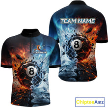Load image into Gallery viewer, Two sports jerseys with fiery and icy 8-ball design, customizable text, and ChipteeAmz branding.