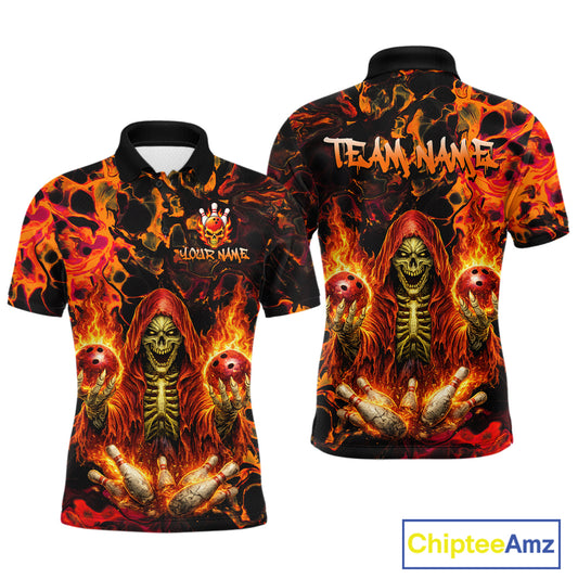 Custom Flame Skeleton Bowling Shirt for Men Bowling Jersey Polo & Quarter-Zip Bowling Outfit QZT1011