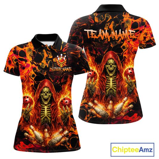 Custom Flame Skeleton Bowling Shirt for Women Bowling Jersey Polo & 1/4-Zip Bowling Outfit QZT1011