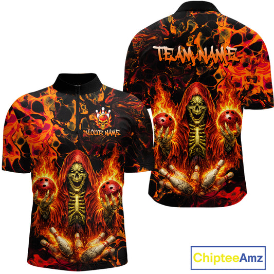Custom Flame Skeleton Bowling Shirt for Men Bowling Jersey Polo & Quarter-Zip Bowling Outfit QZT1011