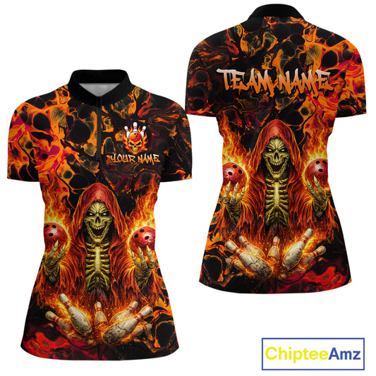 Custom Flame Skeleton Bowling Shirt for Women Bowling Jersey Polo & 1/4-Zip Bowling Outfit QZT1011