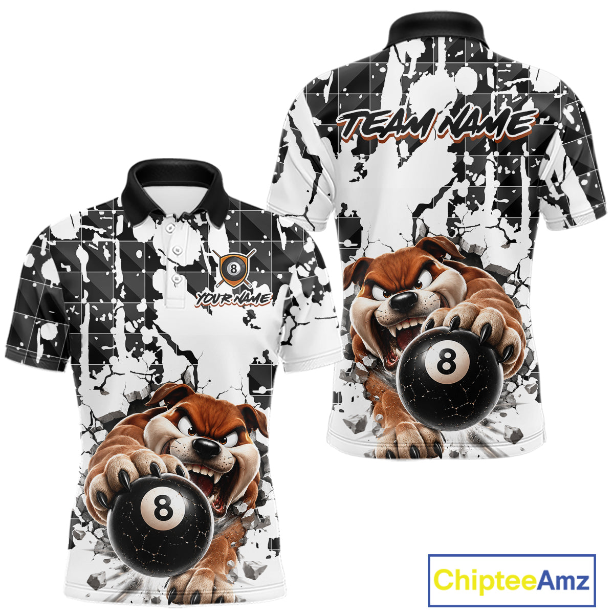 Polo shirt with cartoon dog holding a pool ball on a black and white abstract background, featuring 'Chiptee Amz' branding.