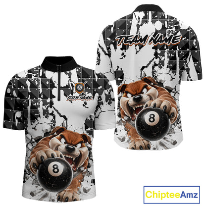 Billiard shirt with a bulldog holding a 8 ball and splatter design, featuring 'Chiptee Amz' branding.