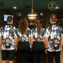 Load image into Gallery viewer, Four people wearing matching shirts with a bear and pool ball design in a room.