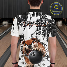 Load image into Gallery viewer, Person wearing a bowling-themed shirt with a dog graphic in a bowling alley.