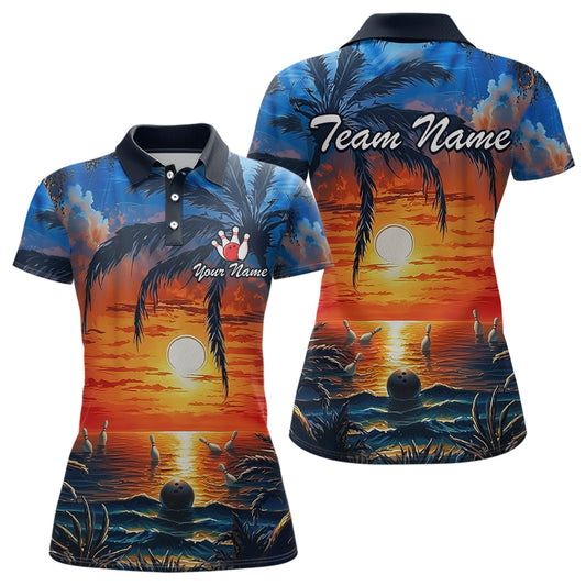 Custom Bowling Jersey Polo & 1/4 Zip Sunset Tropical Sublimated Bowling Shirt for Women QZT836