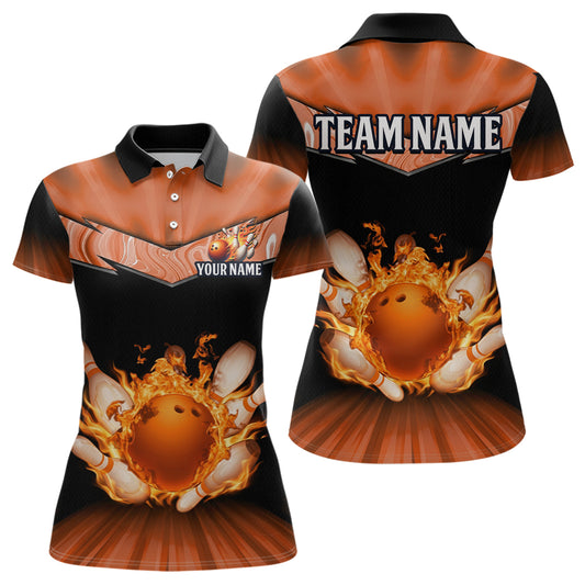Orange Flame Bowling Team Shirt Customized Polo & Quarter-Zip Bowling Team Jersey for Women QZT838
