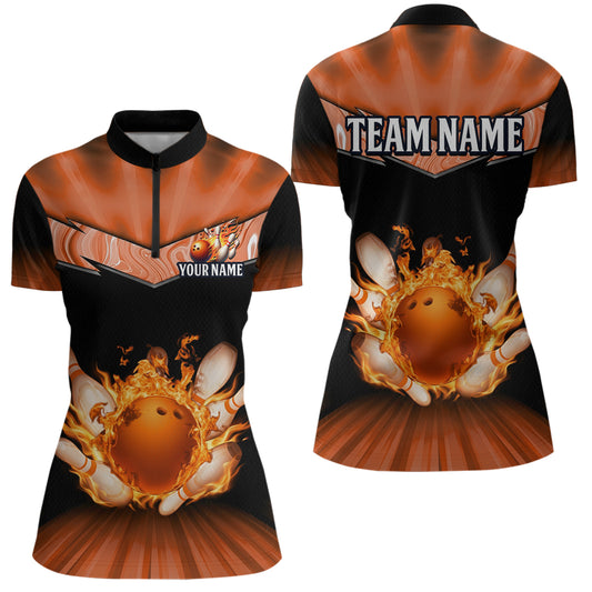Orange Flame Bowling Team Shirt Customized Polo & Quarter-Zip Bowling Team Jersey for Women QZT838