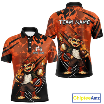 Front and back views of a short-sleeve custom polo shirt featuring a cartoon monkey graphic on an orange and black patterned background. The front shows a customizable chest logo area, while the back displays 'TEAM NAME' text at the top.