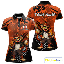 Load image into Gallery viewer, Front and back views of a short-sleeve polo shirt with an all-over graphic print featuring a cartoon monkey mascot holding a bowling ball, on a black and orange abstract background, displaying Your Name and Team Name