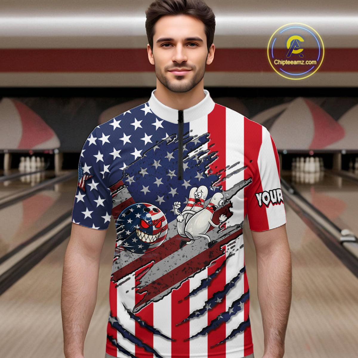 Custom American Flag Bowling Shirt Funny Blue Red White Bowling Jersey for Men Polo & Quarter-Zip QZT929