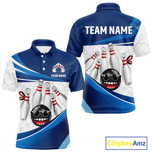 Blue Funny Bowling Shirt Custom Pattern Bowling Team Jersey Polo & 1/4-Zip Bowling Gift for Men QZT930