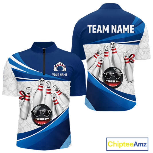 Blue Funny Bowling Shirt Custom Pattern Bowling Team Jersey Polo & 1/4-Zip Bowling Gift for Men QZT930