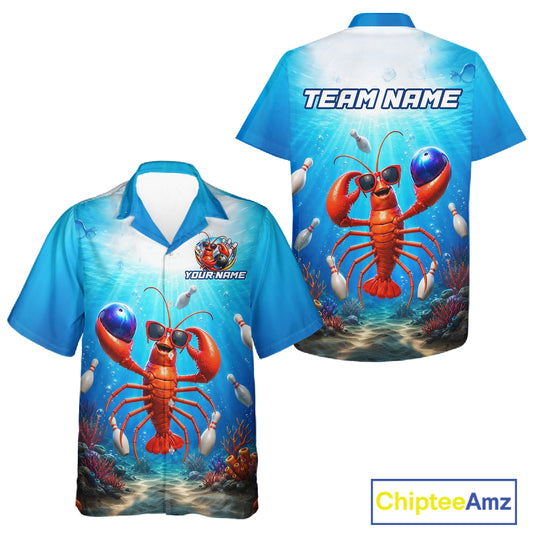 Blue shirt with a lobster design and customizable text on a white background