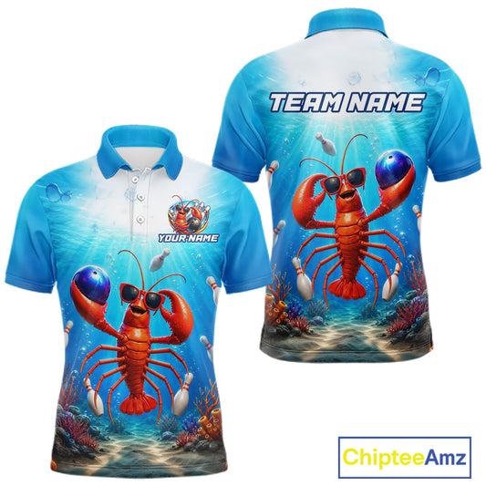 Polo shirt with a lobster design on a blue ocean background, featuring 'Chiptee Amz' branding.