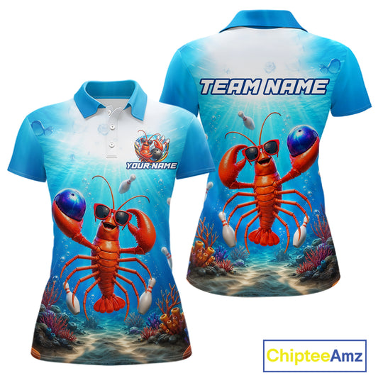 Polo shirt with a lobster design on a blue ocean background, featuring 'Chiptee Amz' branding.