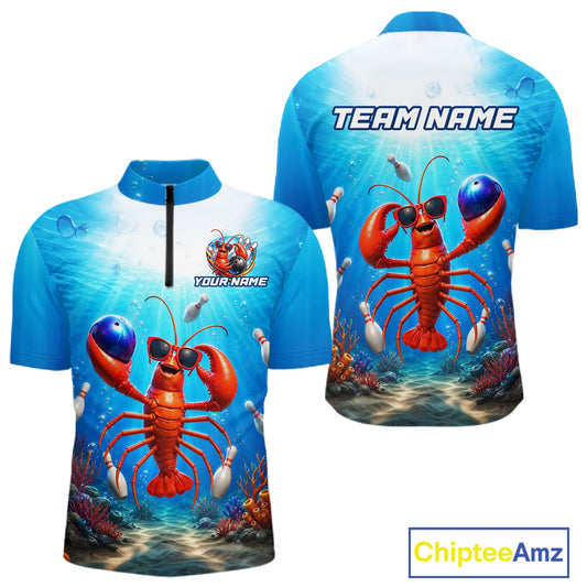 Two views of a blue shirt with a lobster design and 'Team Name' text, featuring Chiptee Amz branding.