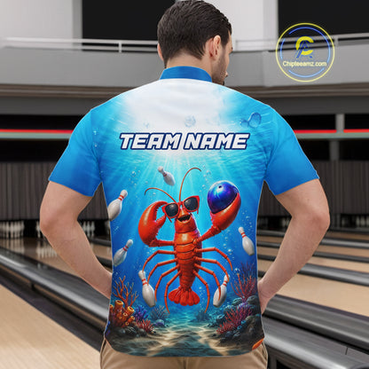 Person wearing a blue t-shirt with a lobster graphic and 'TEAM NAME' text in a bowling alley.