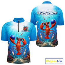 Load image into Gallery viewer, Two views of a blue shirt with a lobster design and 'Team Name' text, featuring Chiptee Amz branding.