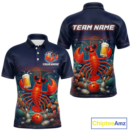 Navy blue polo shirt with lobster design on front and back, featuring 'Chiptee Amz' branding.