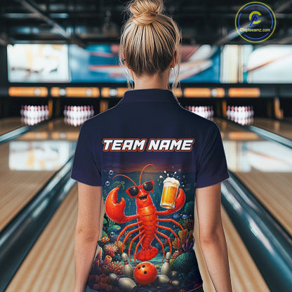 Person wearing a t-shirt with a lobster graphic and 'Team Name' text in a bowling alley.