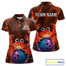 Load image into Gallery viewer, Polo shirt with a crab and bowling ball design, customizable with team name and player name, branded 'Chiptee Amz'.