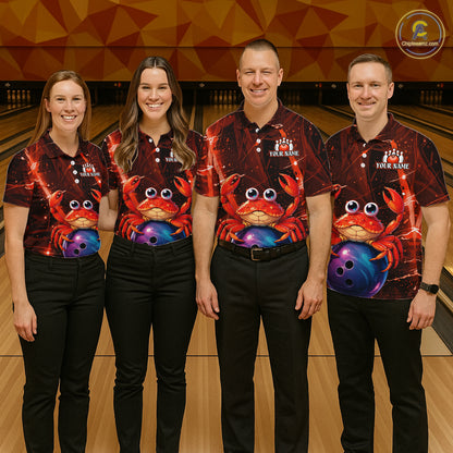 Four people wearing matching bowling shirts with a red crab design on a bowling alley.