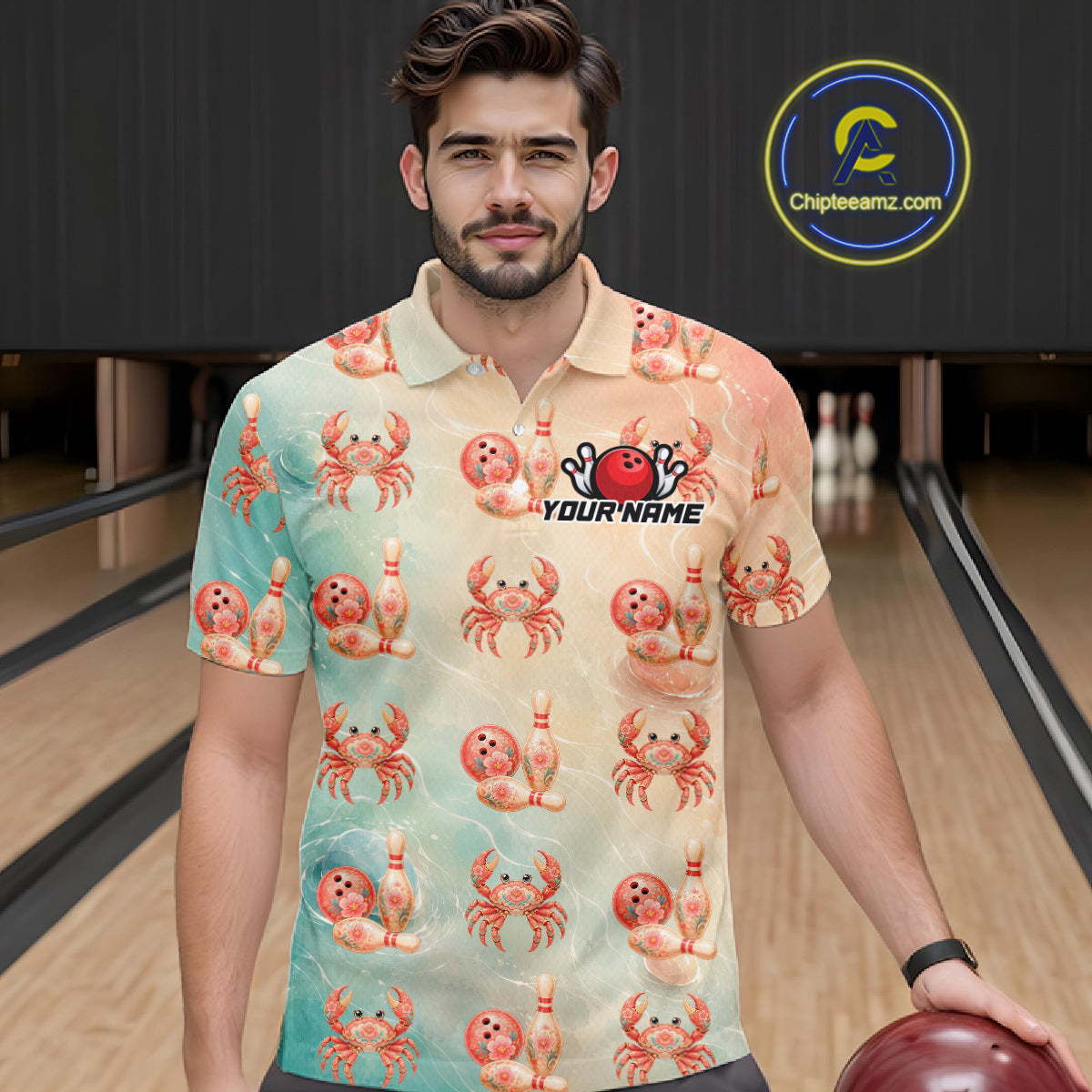 Man wearing a shirt with a crabs and bowling design in a bowling alley.