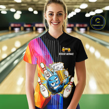 Load image into Gallery viewer, Person wearing a colorful bowling-themed shirt with a graphic design in a bowling alley.