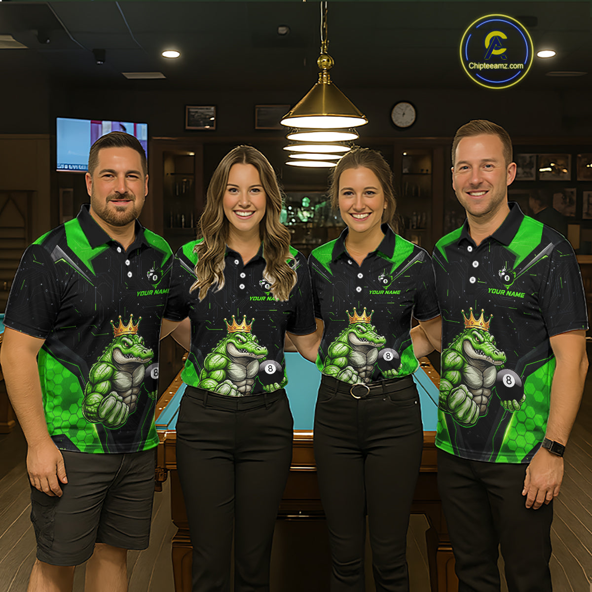 Funny Green Crocodile Billiard Team Shirt for Men Custom 8 Ball Pool Billiard Jersey Polo & 1/4-Zip BHT18