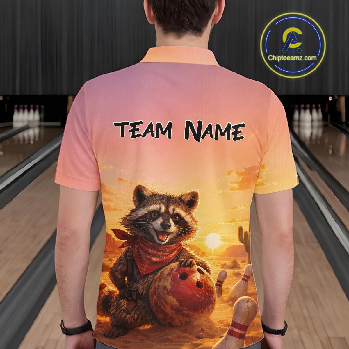 Custom Sunset Raccoon Bowling Team Shirt for Men Bowling Jesey Polo & Quarter-Zip Bowling Outfit QZT977