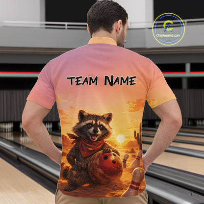 Custom Sunset Raccoon Bowling Team Shirt for Men Bowling Jesey Polo & Quarter-Zip Bowling Outfit QZT977