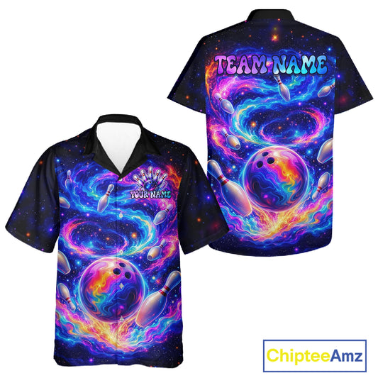 Bowling shirt with colorful design and 'Team Name' text on a white background